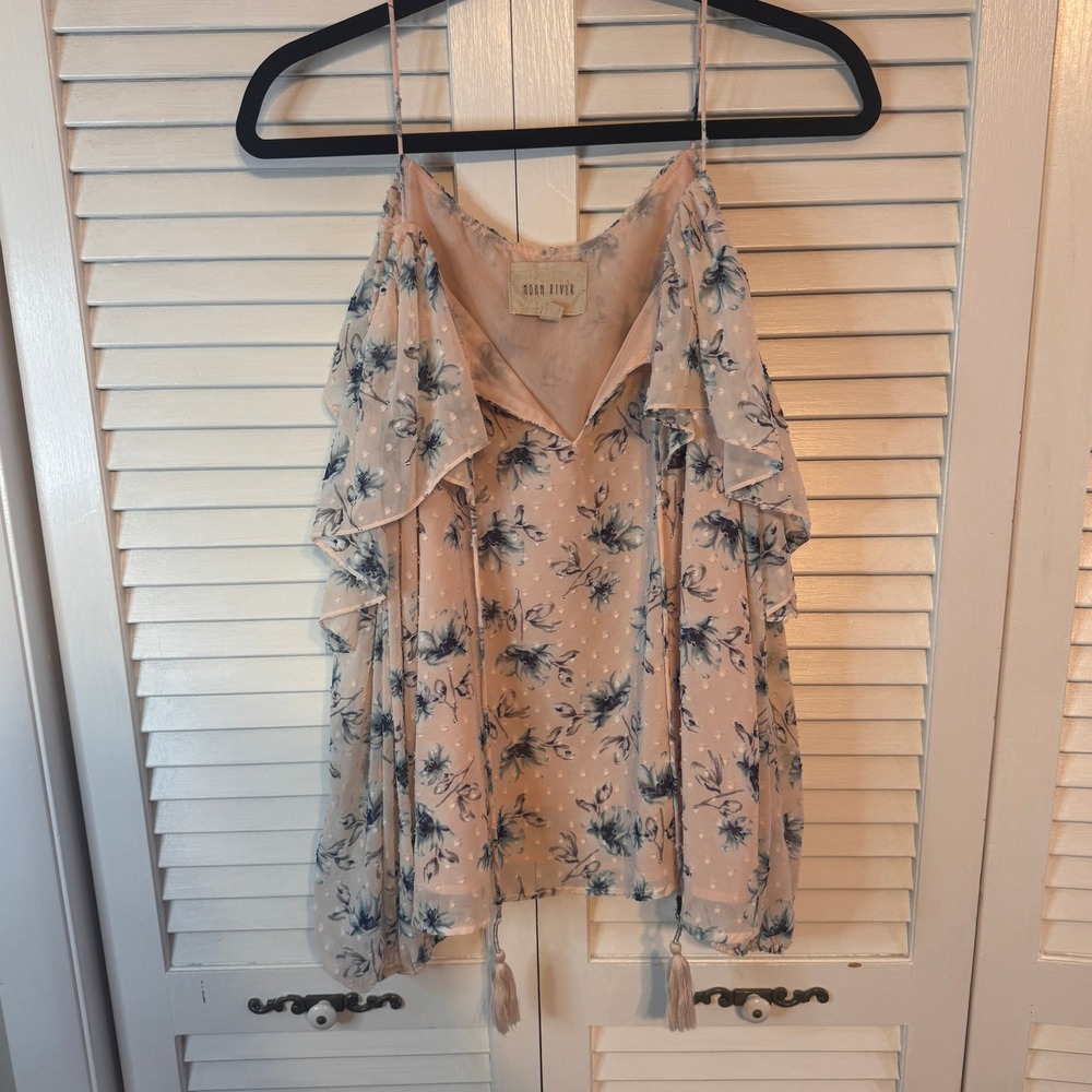 MOON RIVER Womens Cold‎ Shoulder Floral Cottagecore Top SZ M